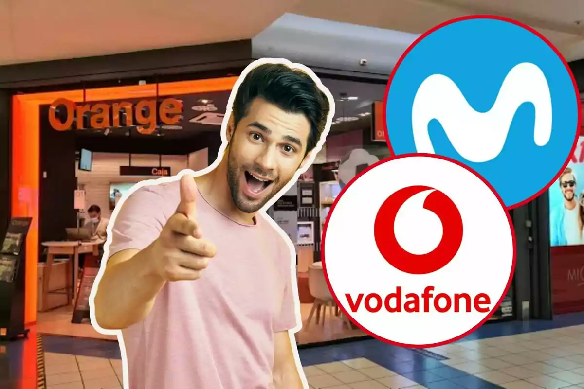 A smiling man pointing with Movistar and Vodafone logos superimposed in front of an Orange store.