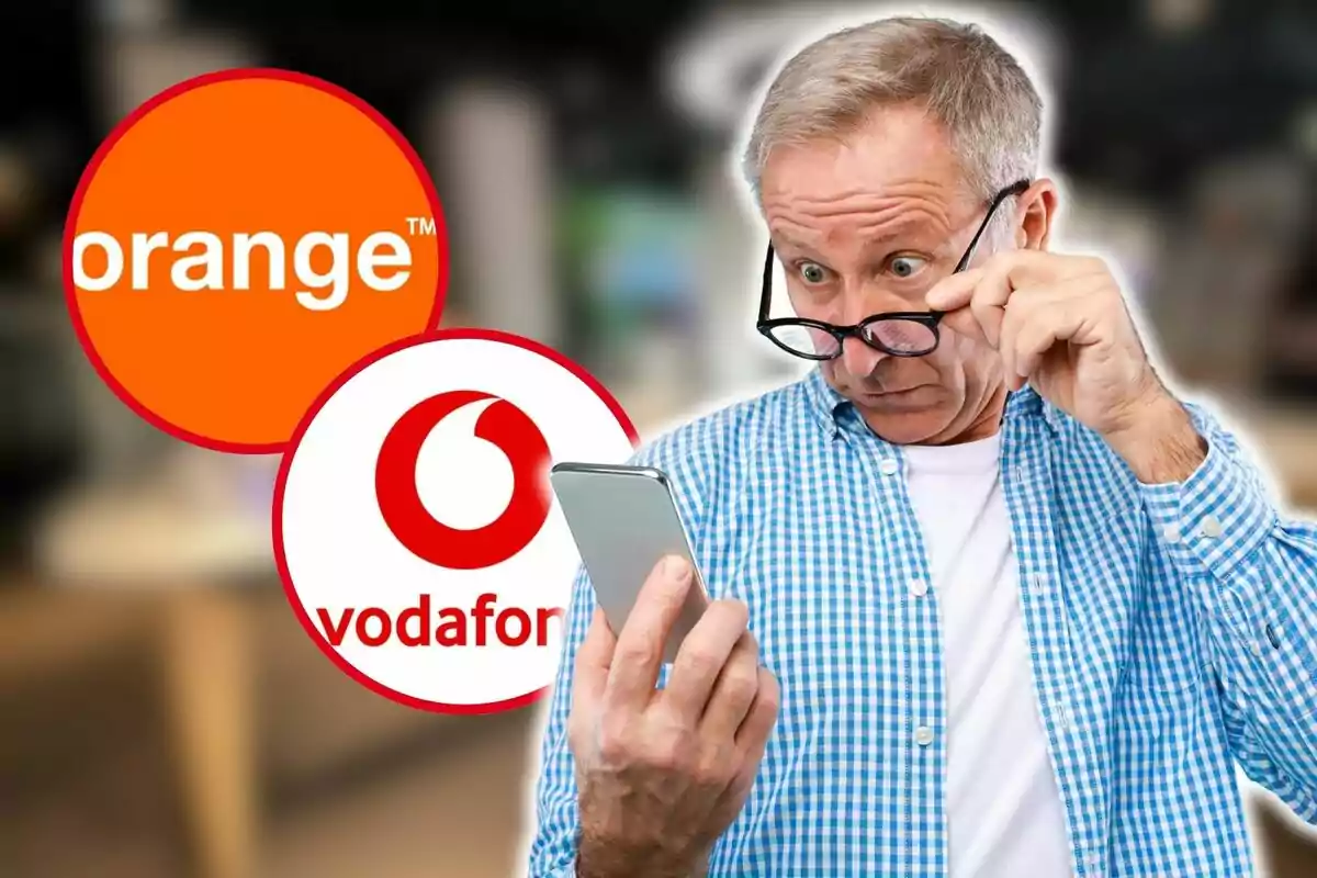 Senior man looking at his mobile phone with Orange and Vodafone logos in the background.