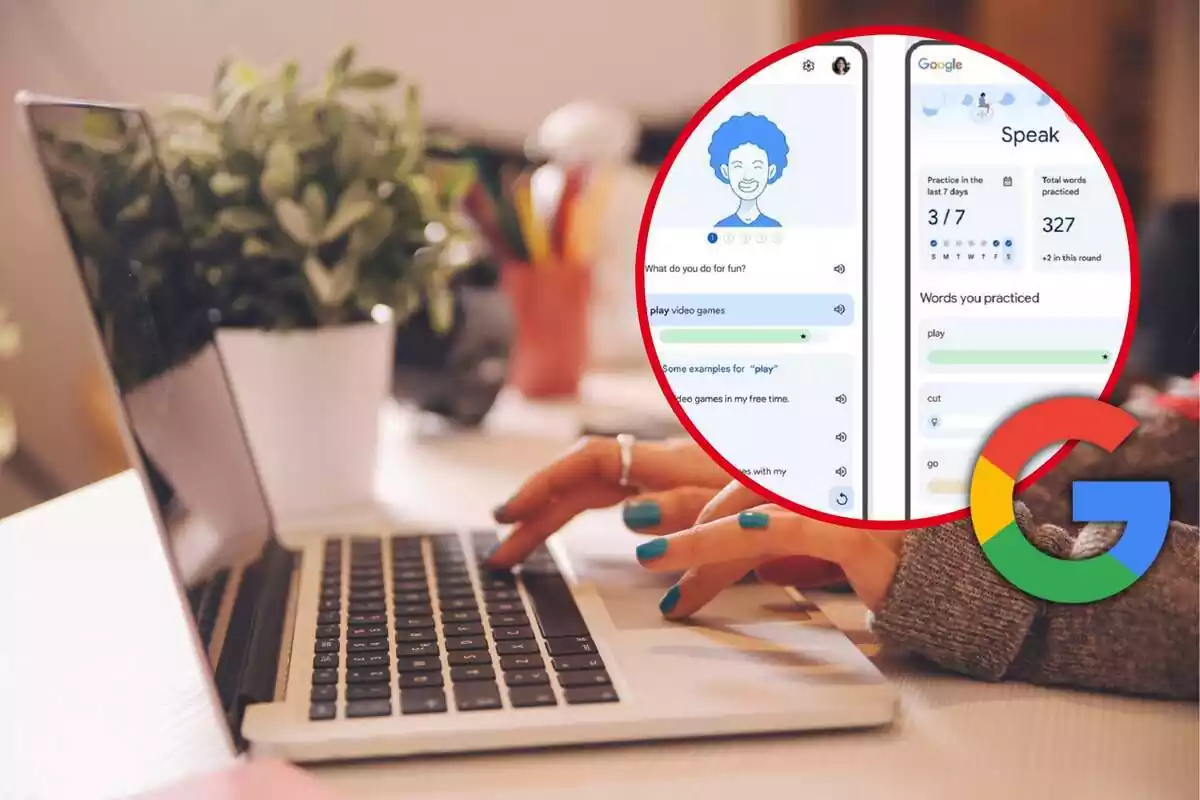 Montaje con una persona usando un ordenador portátil y un círculo con la nueva aplicación gratuita de Google para aprender inglés, junto a su logo