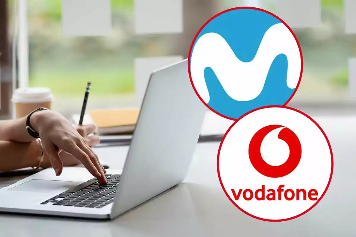 Montaje con un ordenador y los logos de Movistar y Vodafone