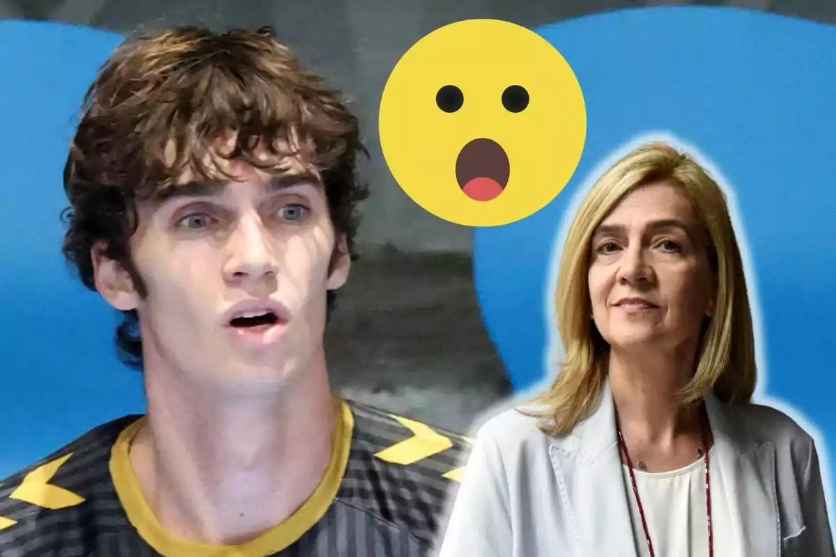 Pablo Urdangarin with a surprised expression next to Infanta Cristina and a surprised emoji on a blue background.