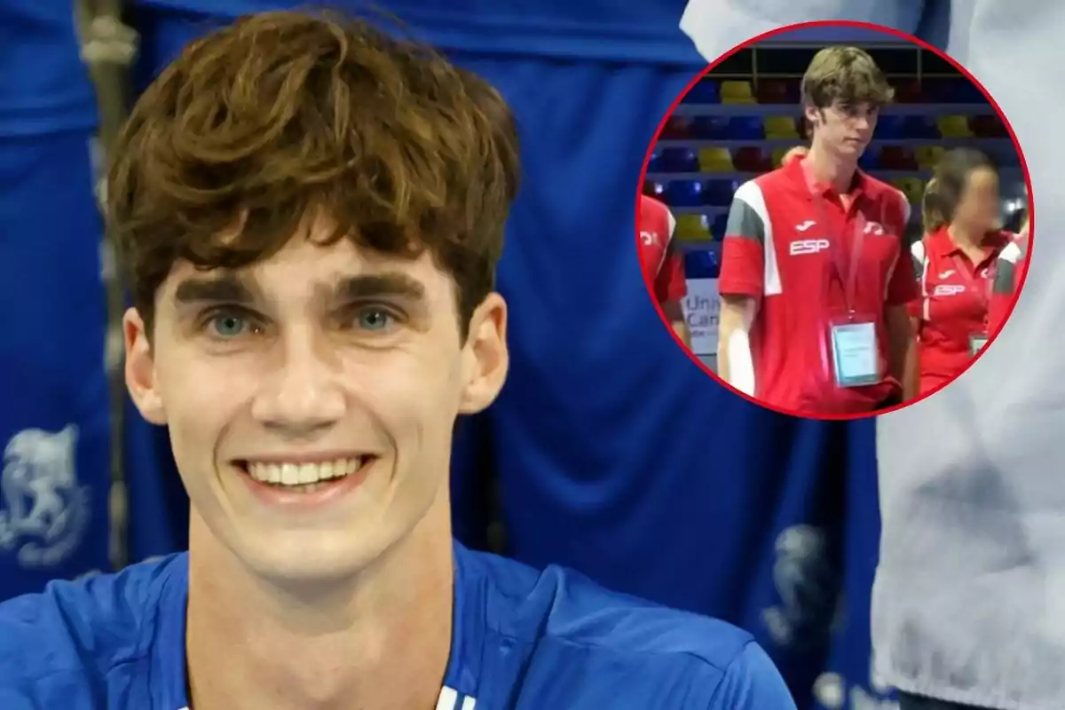 Pablo Urdangarin con camiseta azul sonriendo, con una imagen insertada en la esquina superior derecha que muestra a Pablo con una camiseta roja en un evento deportivo.