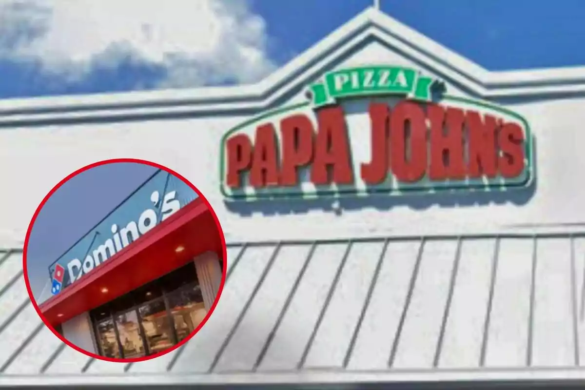 Fachada de una sucursal de Papa John’s con un recuadro que muestra la entrada de una tienda Domino’s Pizza