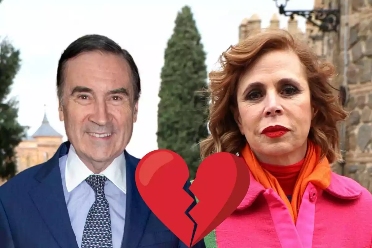 Pedro J. Ramírez sonriendo en traje azul y Ágatha Ruiz de la Prada con labios rojos, chaqueta rosa y fular naranja con un corazón roto superpuesto en el centro de la imagen.