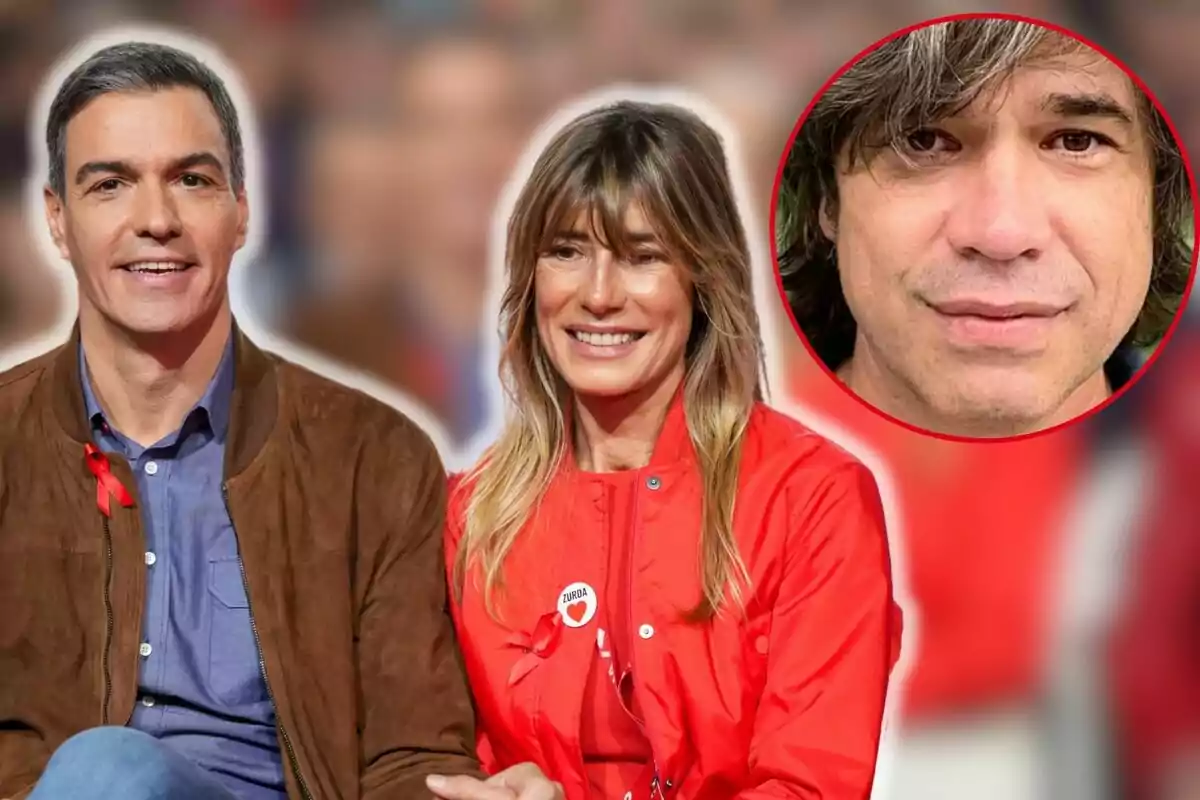 Pedro Sánchez y Begoña Gómez sonrientes con chaquetas rojas y un lazo rojo, con Miguel Ángel Gómez en un círculo rojo en la esquina superior derecha.