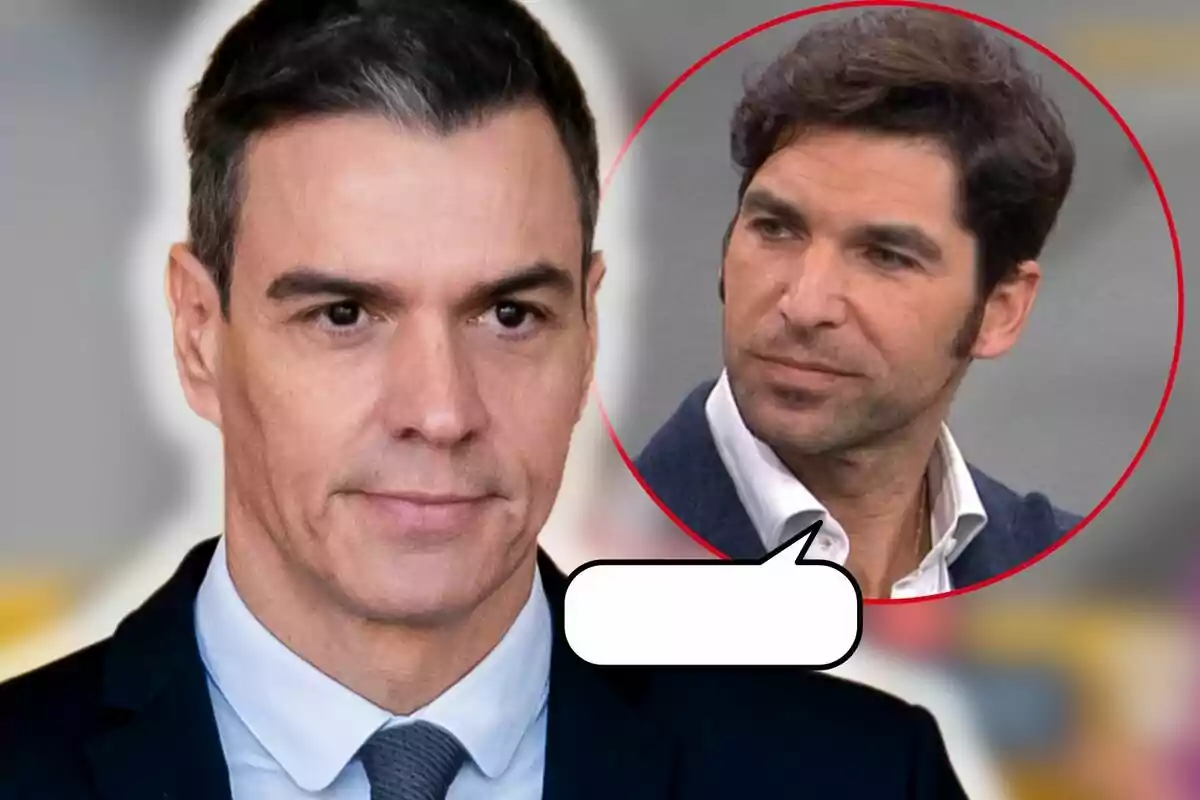Pedro Sánchez y Cayetano Rivera en un montaje fotográfico, uno en primer plano con traje y corbata y otro en un círculo rojo, con una burbuja de diálogo vacía.
