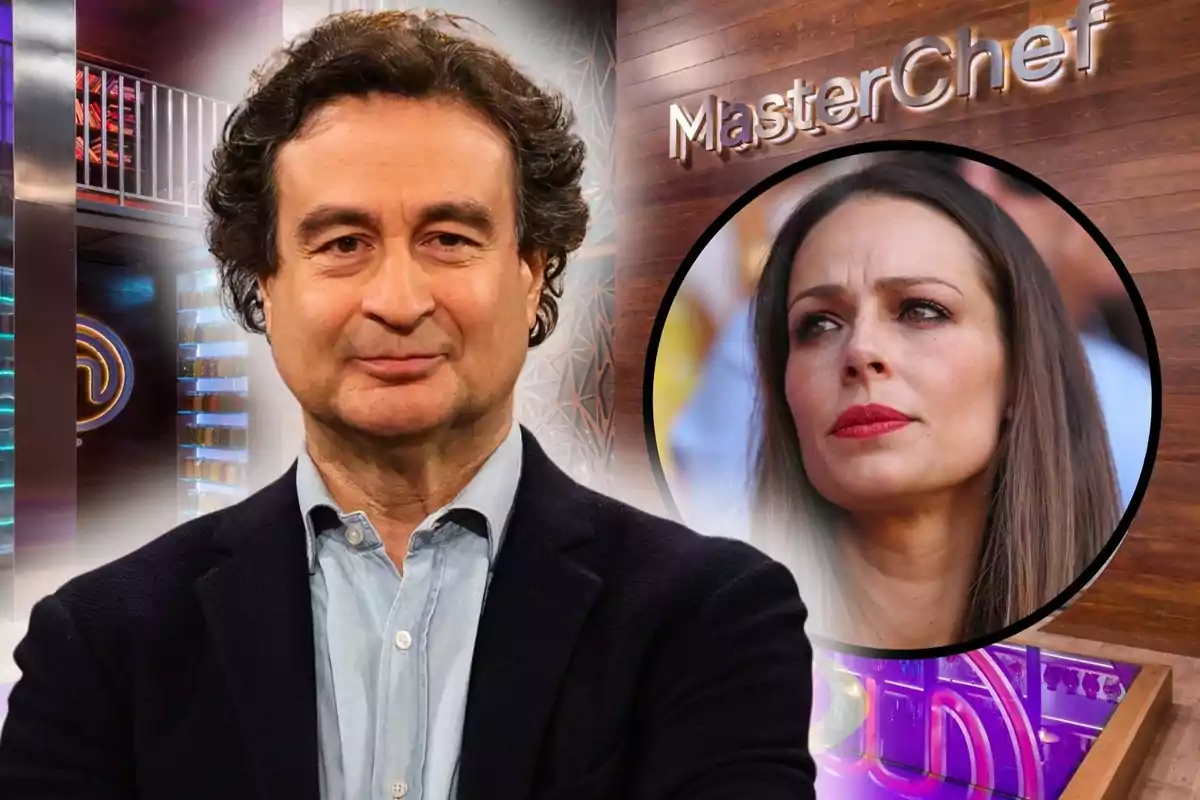 Pepe Rodríguez está frente a un fondo del programa MasterChef con el logo visible y una imagen circular de Eva González en el lado derecho.