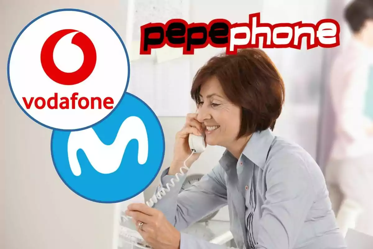 Una mujer sonriente habla por teléfono mientras los logotipos de Vodafone, Movistar y Pepephone flotan a su alrededor.