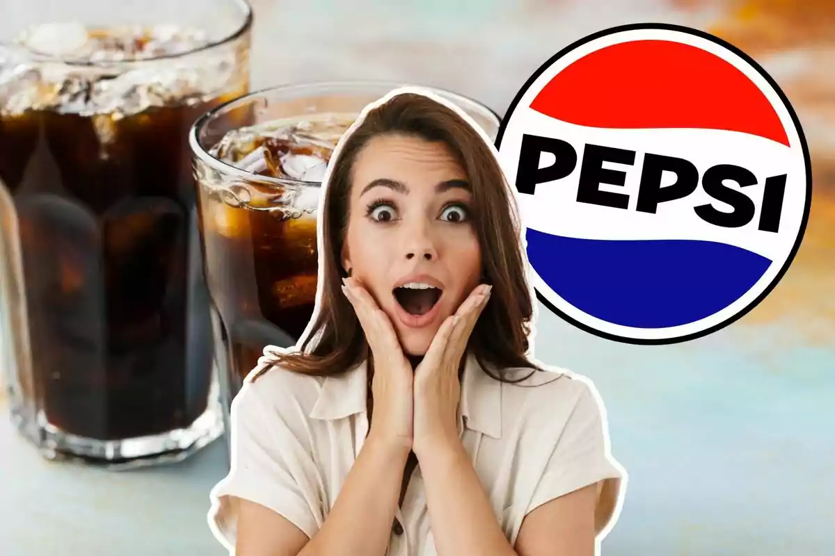 Surprised woman in front of soft drink cups with ice and the Pepsi logo in the background
