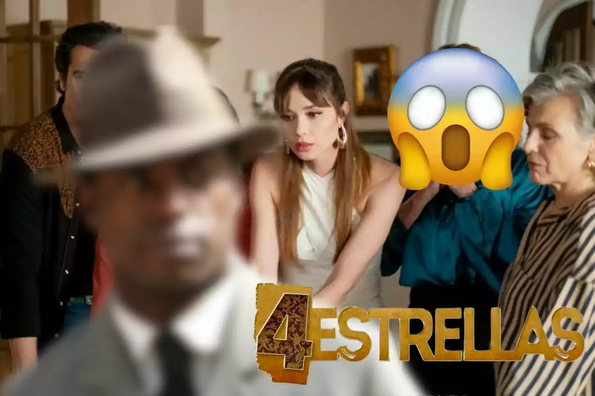 Montaje de los personajes de '4 estrellas', Boré Buika desenfocado, un emoji de sorpresa y el logo de la serie