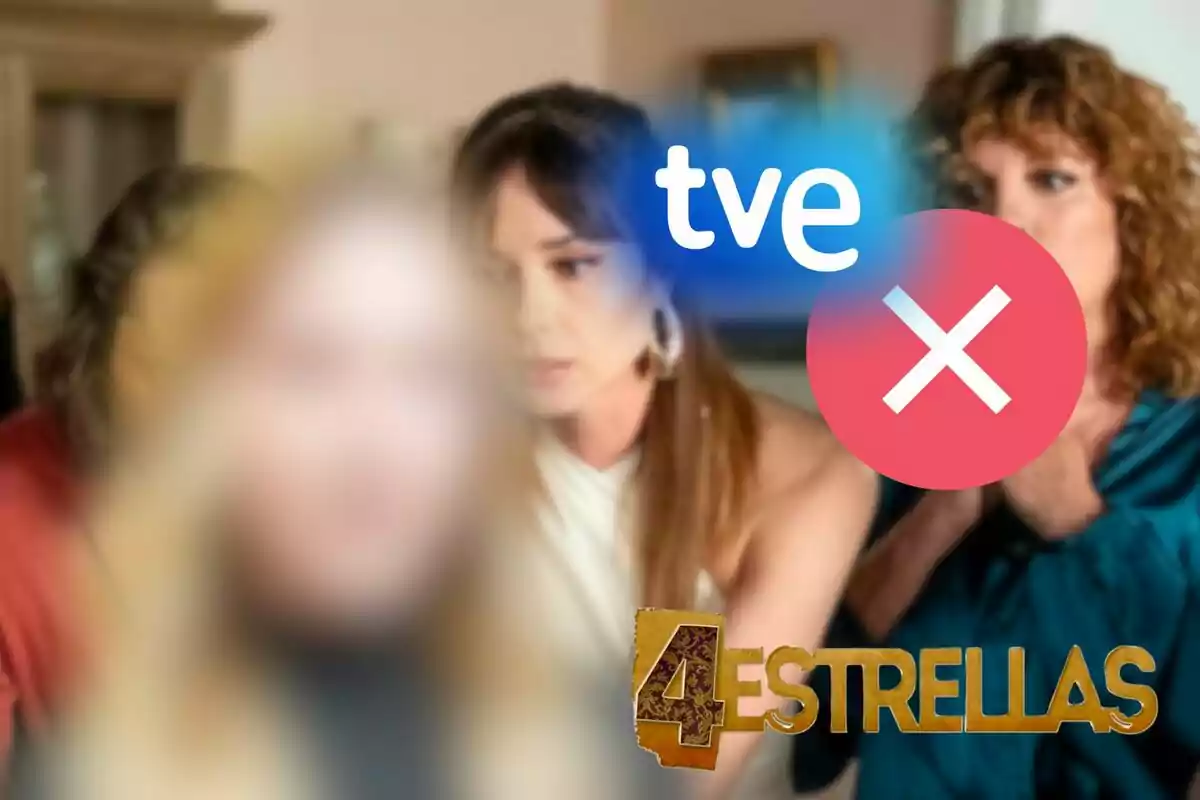 Montaje de los personajes de '4 estrellas', Denisse Peña desenfocada, el logo de TVE con una cruz y el de la serie