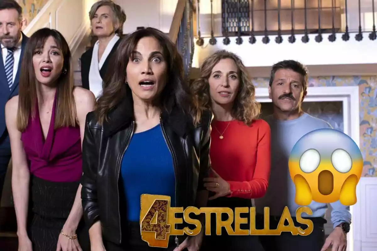 Personas sorprendidas en una escalera con el logo "4 Estrellas" y un emoji de cara asombrada.