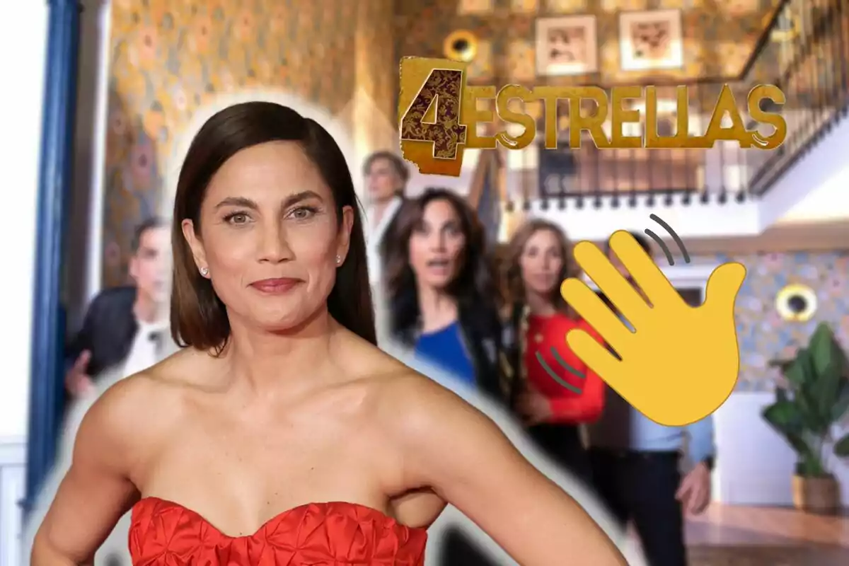 Montaje de los personajes de '4 estrellas', Toni Acosta sonriendo con un vestido rojo sin mangas, el logo de la serie y una mano diciendo adiós