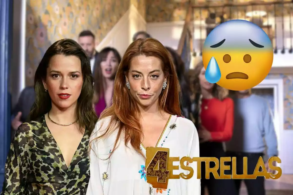 Ana Jara y Belén Écija posan frente a un grupo de personas en un ambiente interior, con un emoji de cara triste y una lágrima en el lado derecho de la imagen y el texto "4 Estrellas" en la parte inferior.