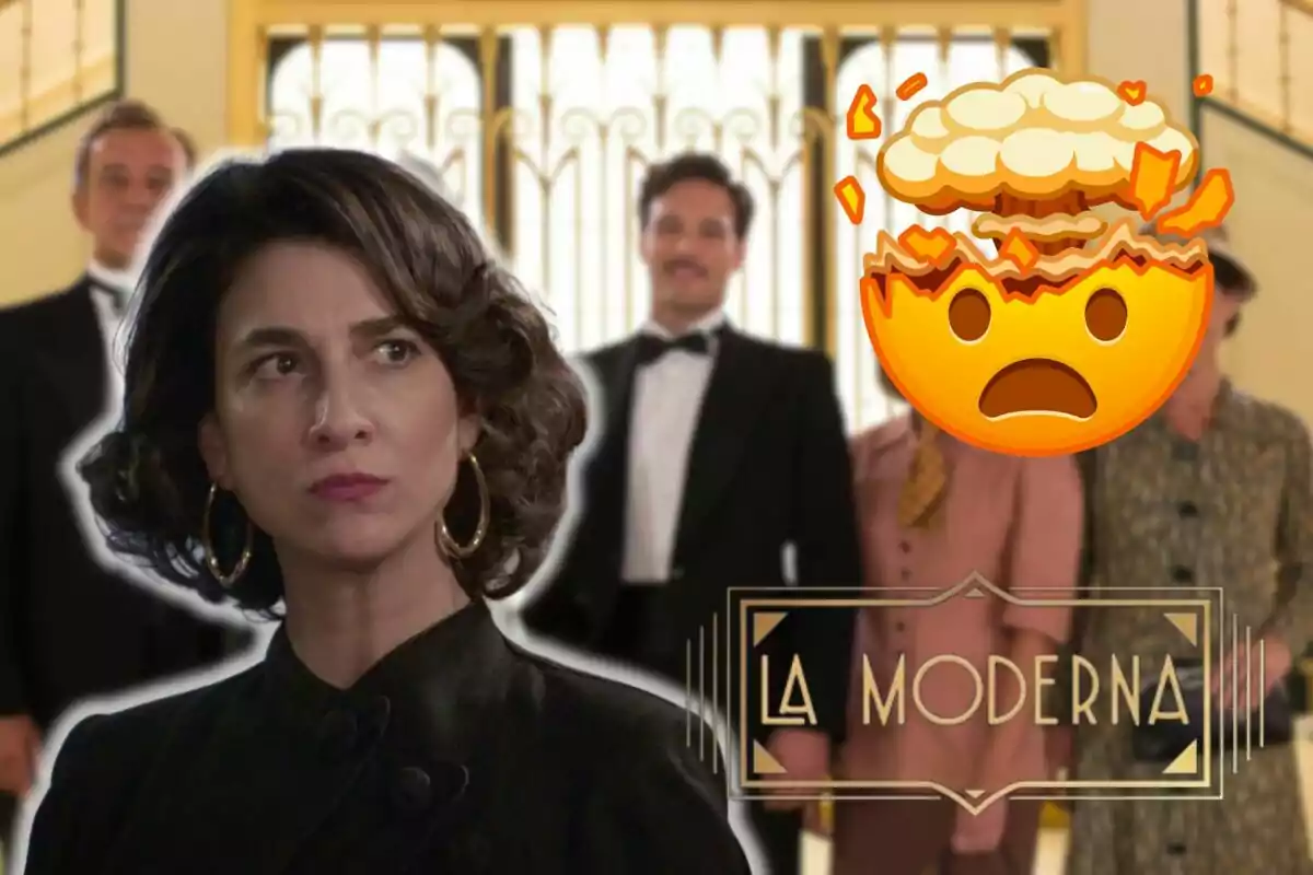 Montaje de los personajes 'La Moderna', doña Sofía seria con blusa negra, un emoji explotando y el logo de la serie
