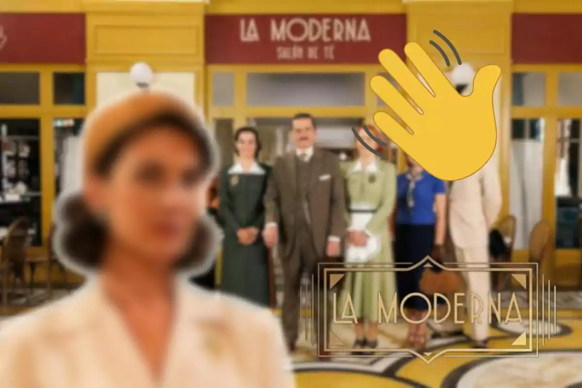 Montaje de los personajes de La Moderna al fondo, doña Carla desenfocada, una mano diciendo adiós y el logo de la serie
