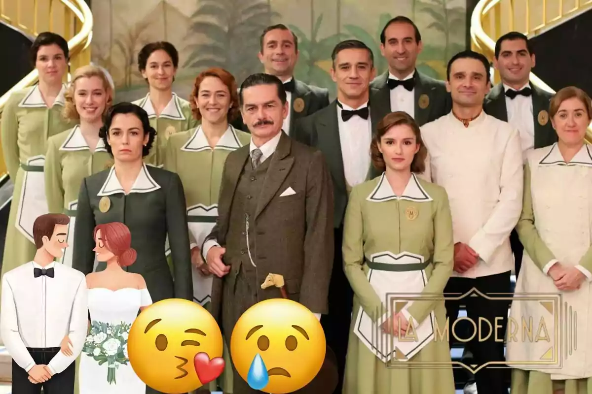 Los personajes de 'La Moderna' posando para una foto, algunas de ellas con uniformes verdes y otras con trajes formales, con emojis y una ilustración de una pareja en la parte inferior de la imagen y un letrero que dice "LA MODERNA".