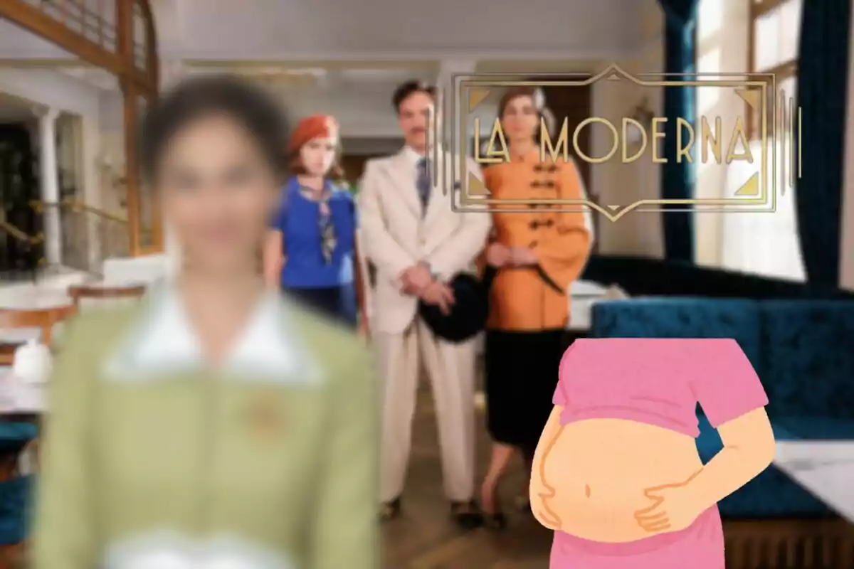 Montaje de los personajes de 'La Moderna', Trini desenfocada, el logo de la serie y una embarazada