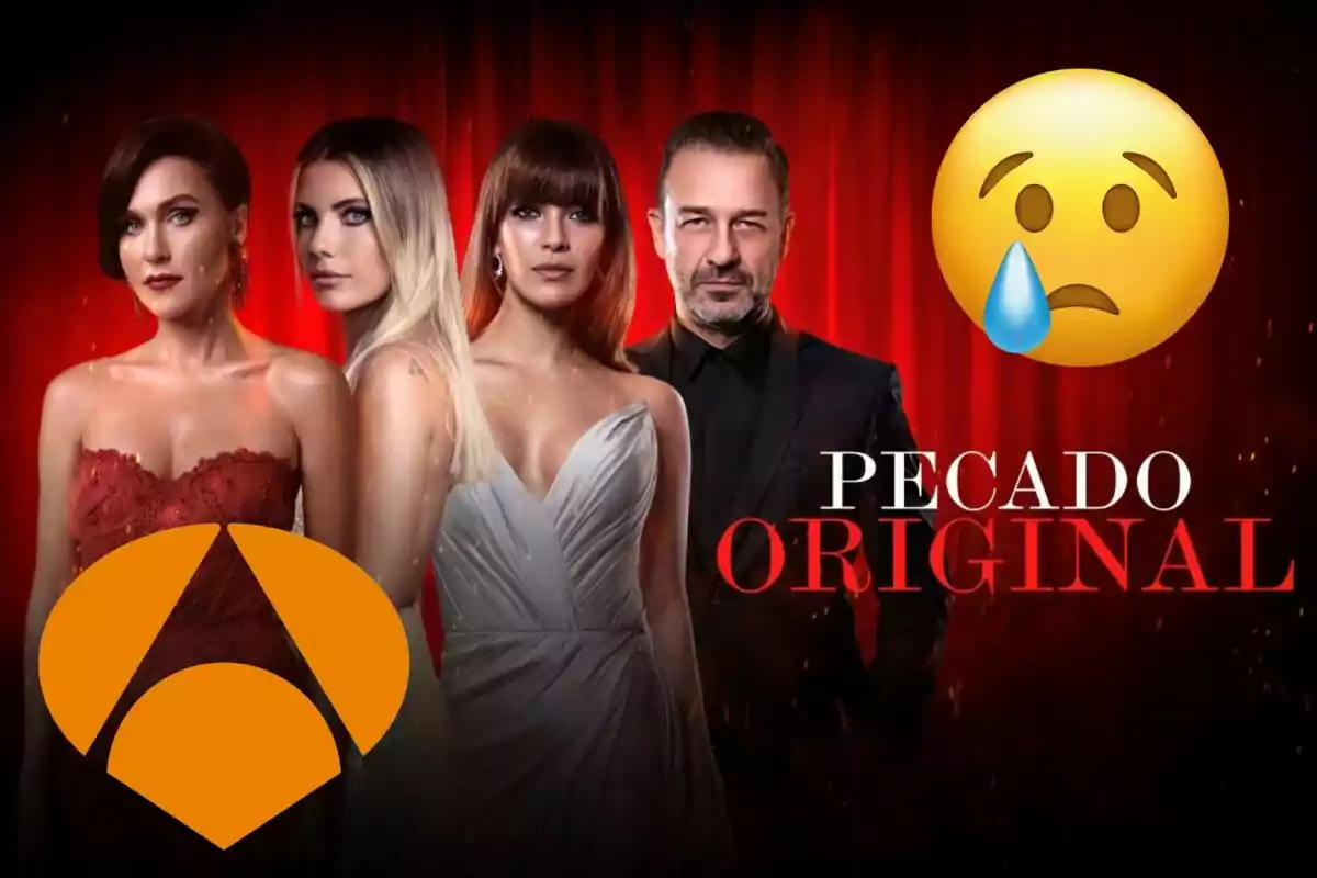 Imagen promocional de la serie "Pecado Original" con cuatro personajes principales frente a un fondo rojo, un emoji triste y el logotipo de Antena 3.