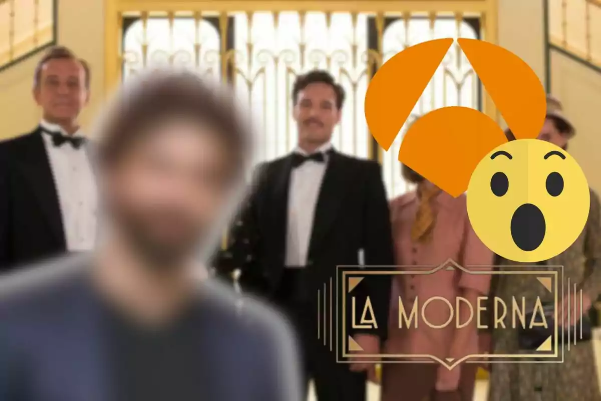 Montaje con los personajes de 'La Moderna', Alberto Amarilla desenfocado, los logos de la seria y Antena 3 y un emoji de sorpresa