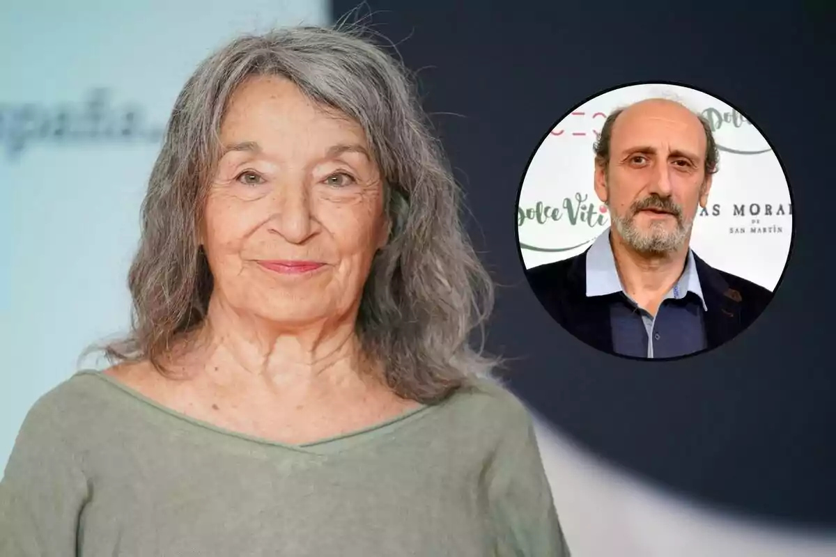 Montaje con Petra Martínez, con cabello gris y expresión serena, y José Luis Gil, con barba, calvo y cara seria dentro de un círculo negro