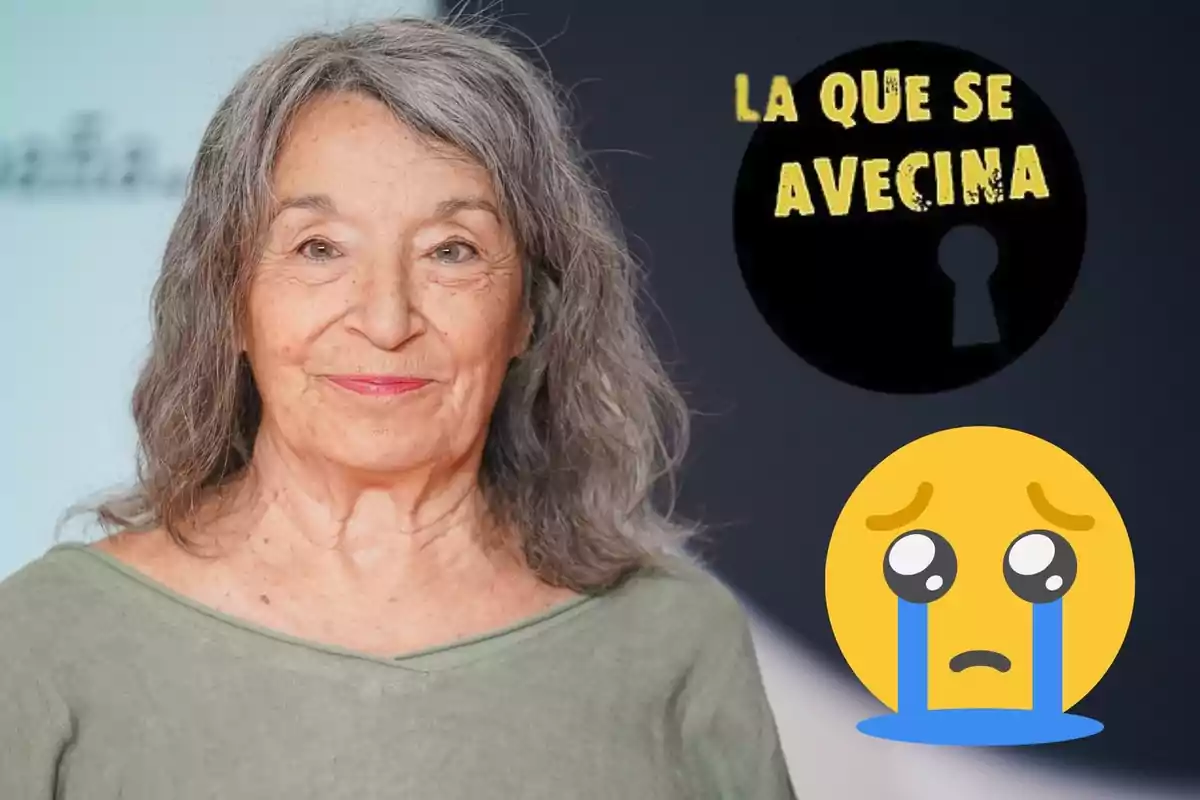 Petra Martínez montage, with gray hair and a neutral expression, next to a 'La que se avecina' logo and a crying emoji.