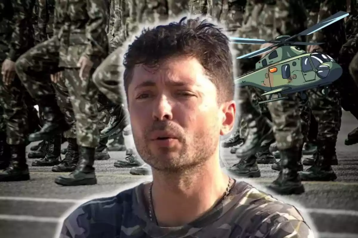 Montaje de piernas de personas del ejército, Ángel Cristo hablando con una camiseta militar y un helicóptero