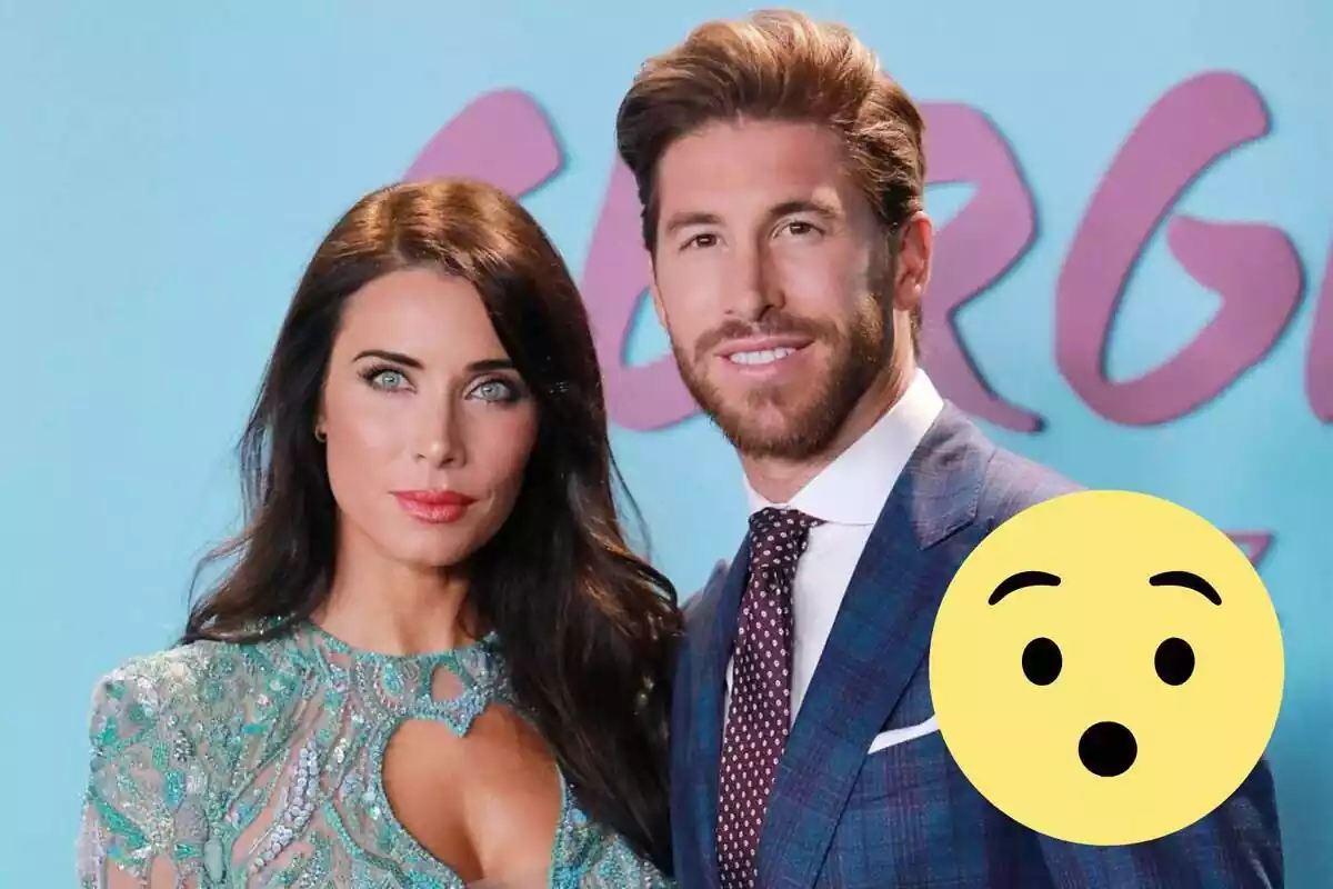 Montage with Pilar Rubio with a neutral face in a blue dress, Sergio Ramos smiling in a blue suit and red and white tie and a surprised emoji