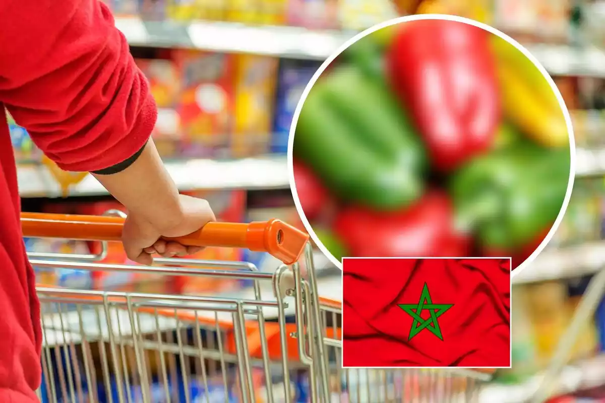 Montaje con una mujer comprando, unos pimientos desenfocados y una bandera marroquí