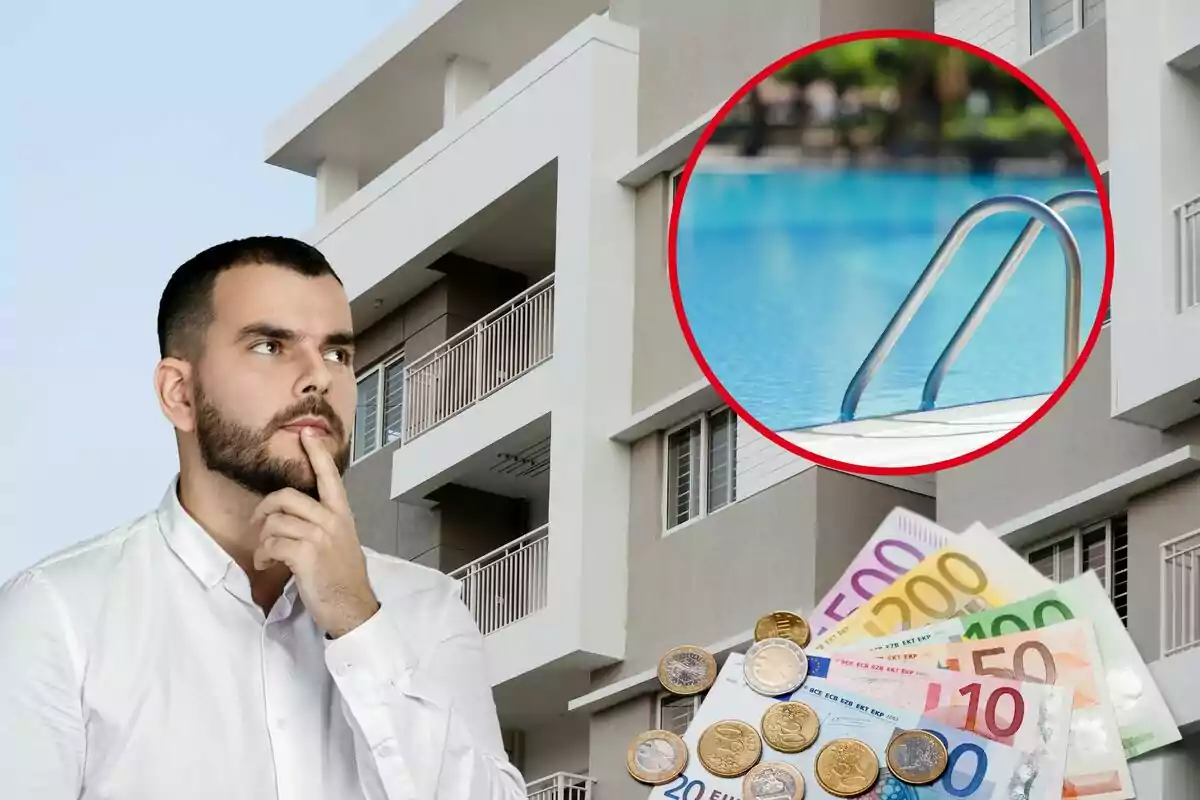 Montaje de un hombre pensativo, un edificio y una piscina