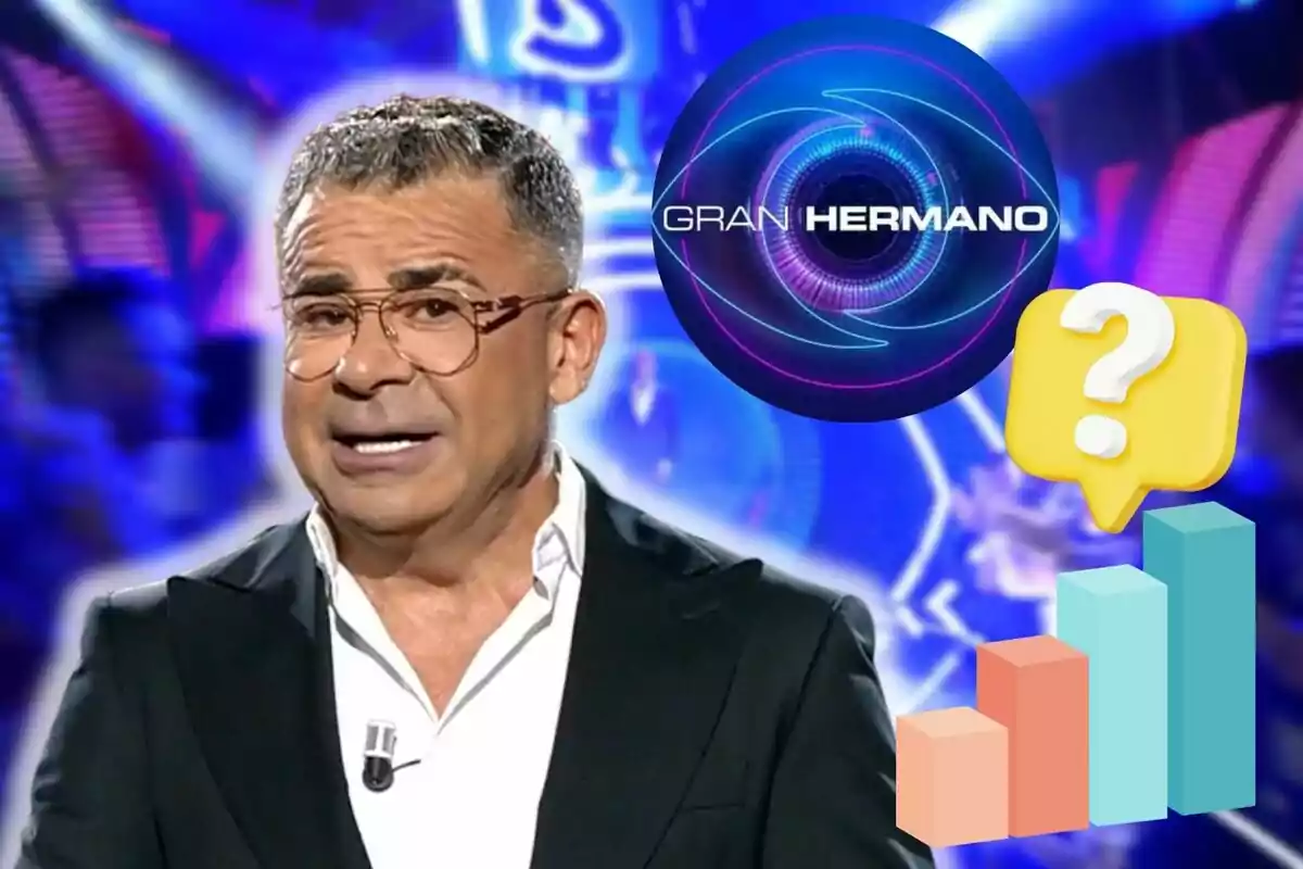 Jorge Javier Vázquez con gafas y traje oscuro aparece frente a un fondo colorido con el logo de Gran Hermano y gráficos de barras y un signo de interrogación.