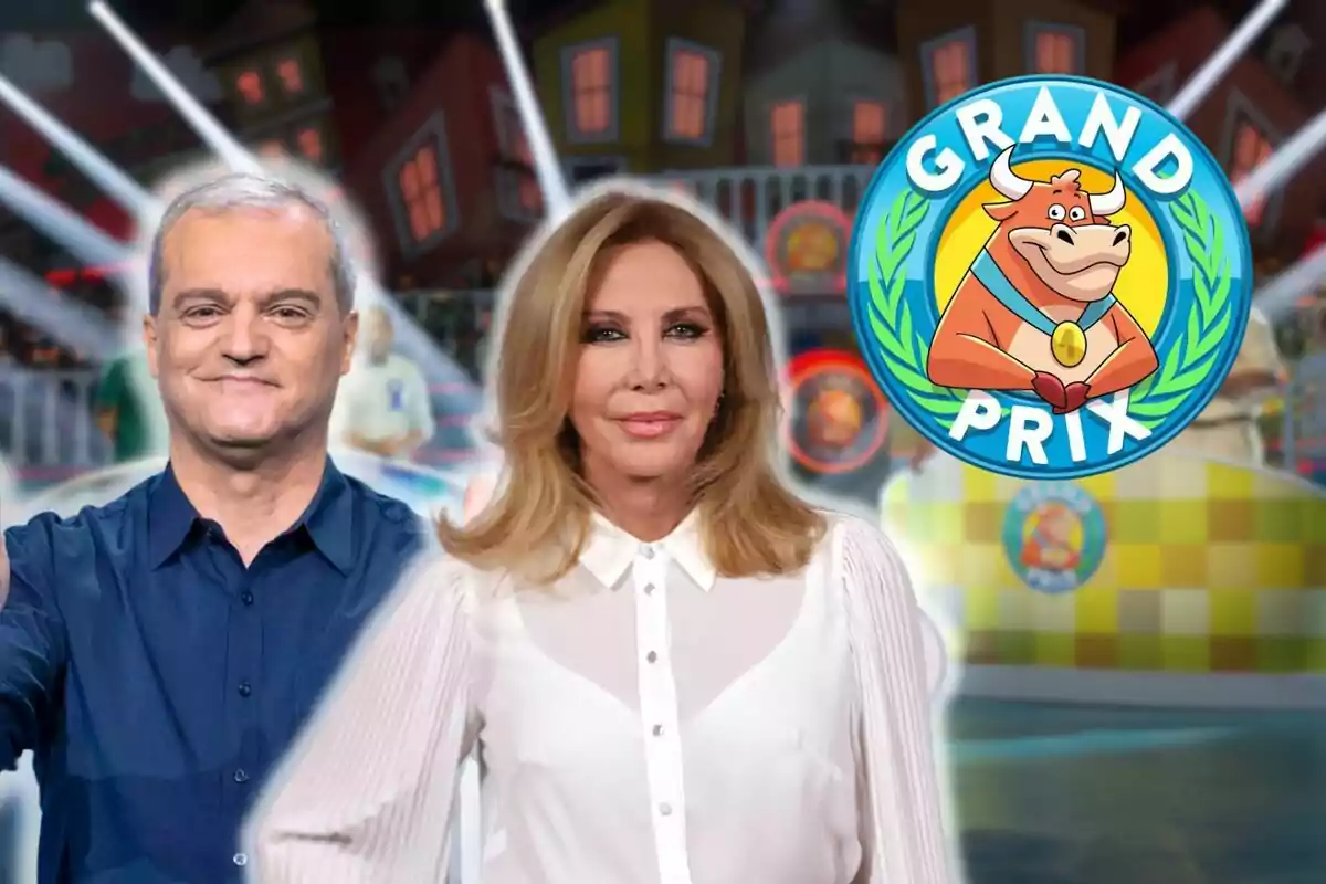 Ramón García y Norma Duval posan frente a un fondo colorido con el logotipo del programa "Grand Prix" que muestra una caricatura de un toro sonriente.