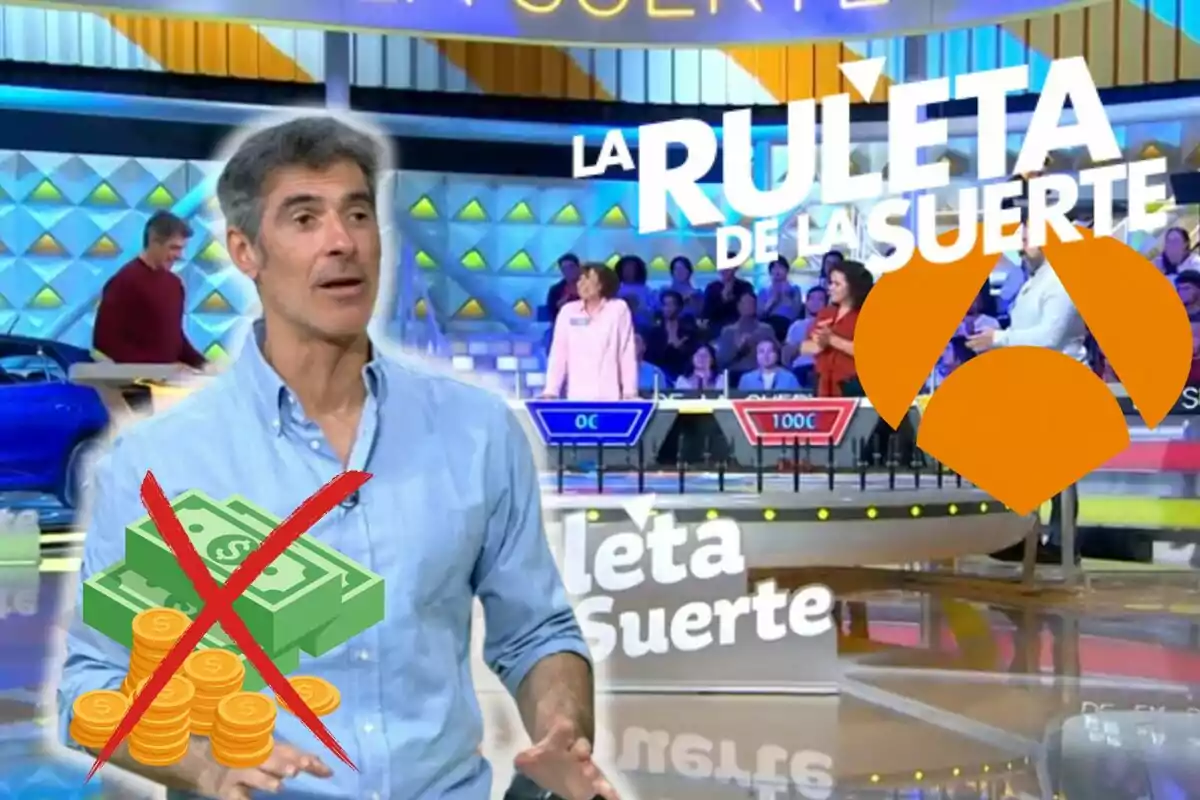Montaje del plató de 'La Ruleta de la Suerte', Jorge Fernández con camisa azul, dinero con una cruz roja encima y los logos del programa y de Antena 3