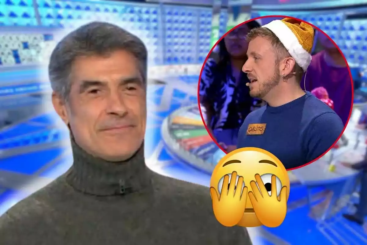 Jorge Fernández con suéter oscuro sonríe mientras en un círculo rojo aparece otro hombre con gorro navideño y un emoji de sorpresa.