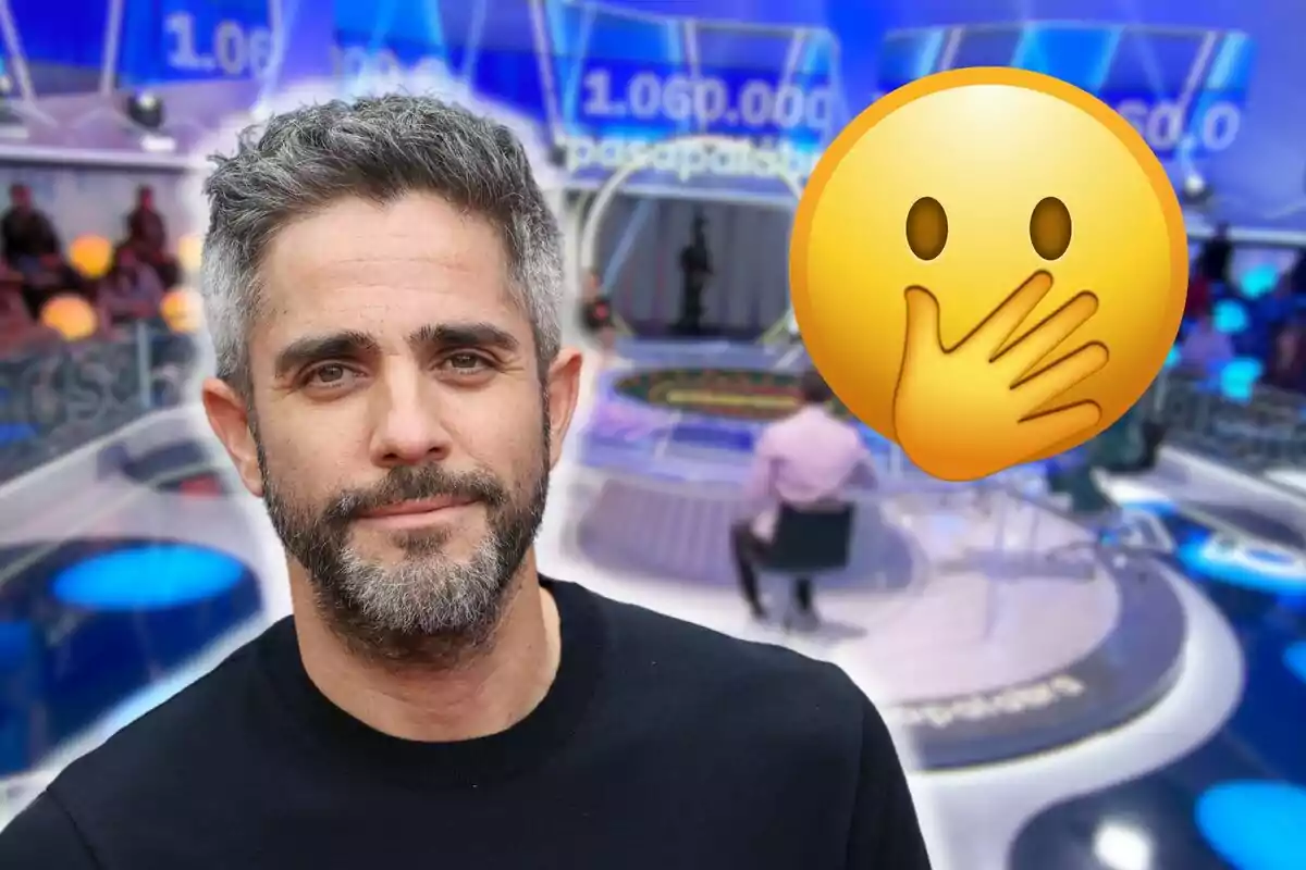 Roberto Leal con barba en un set de televisión con un emoji de sorpresa superpuesto.