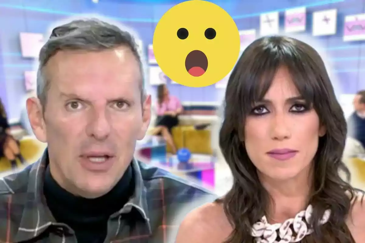 Joaquín Prat y Patricia Pardo en un set de televisión con un emoji sorprendido superpuesto.