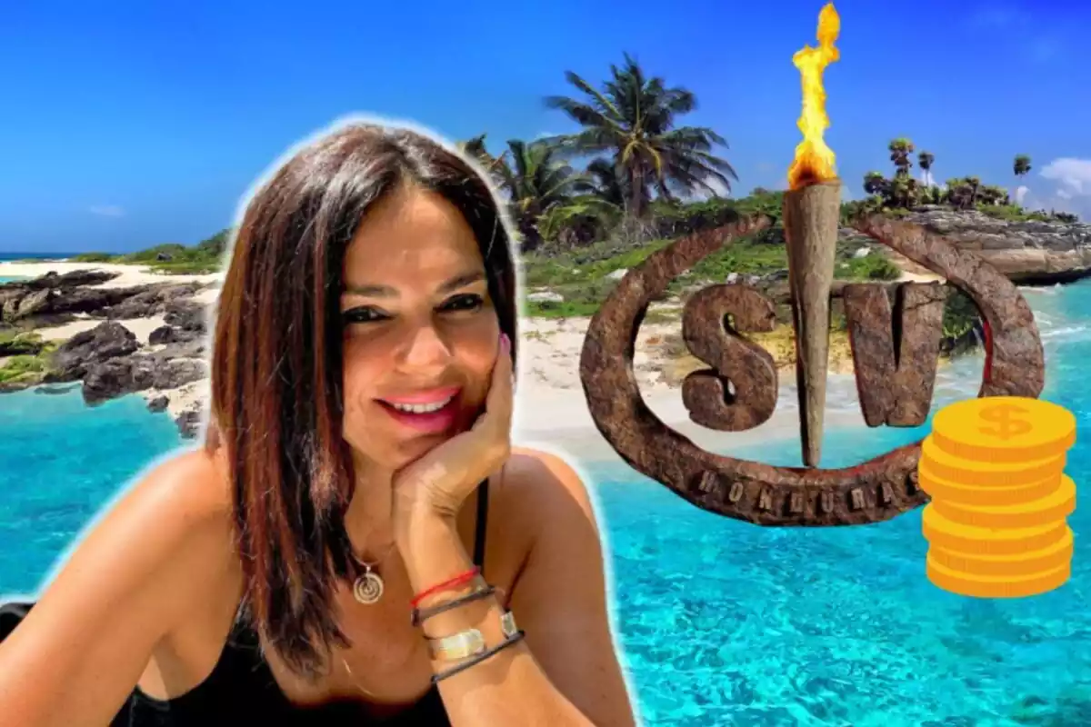 Montaje de la playa de una isla, Olga Moreno sonriendo con la mano en la barbilla, el logo de 'Supervivientes' y monedas