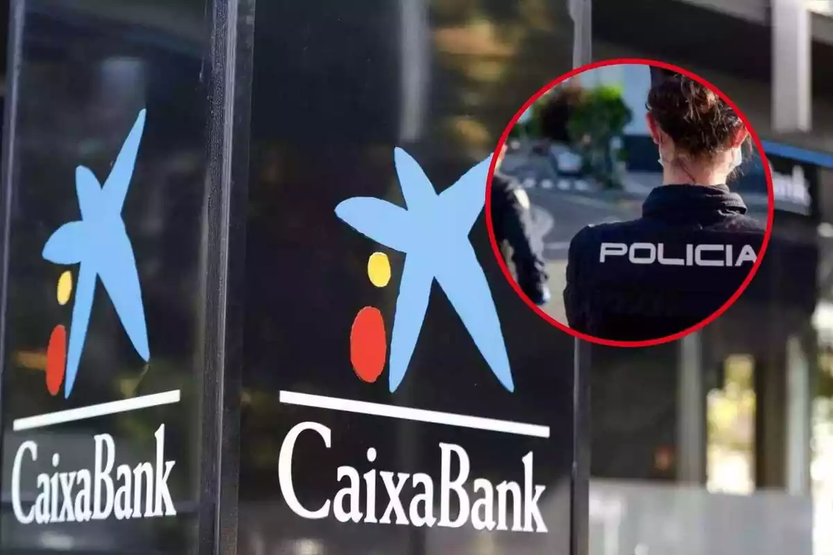 Montaje de una imagen de CaixaBank junto a un marco con una imagen de la policia