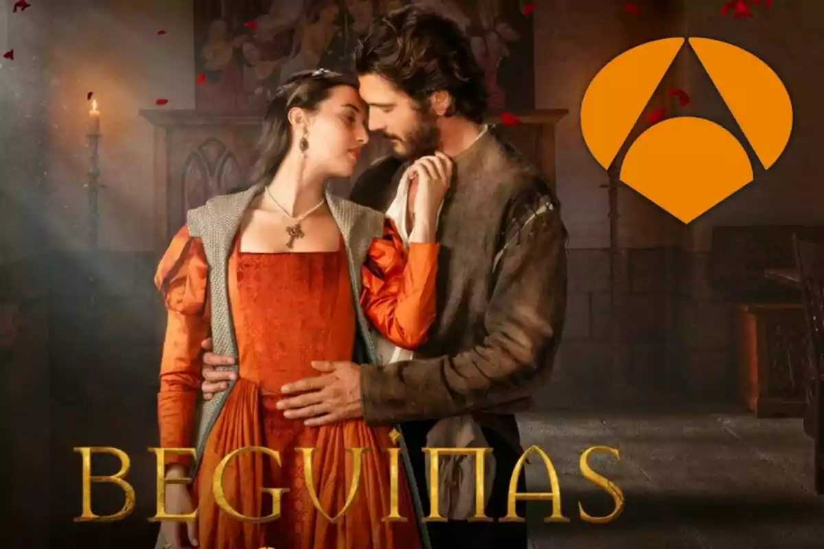 Una pareja vestida con trajes medievales se abraza en un ambiente romántico con un logotipo naranja en la esquina superior derecha y el título "Beguinas" en la parte inferior.