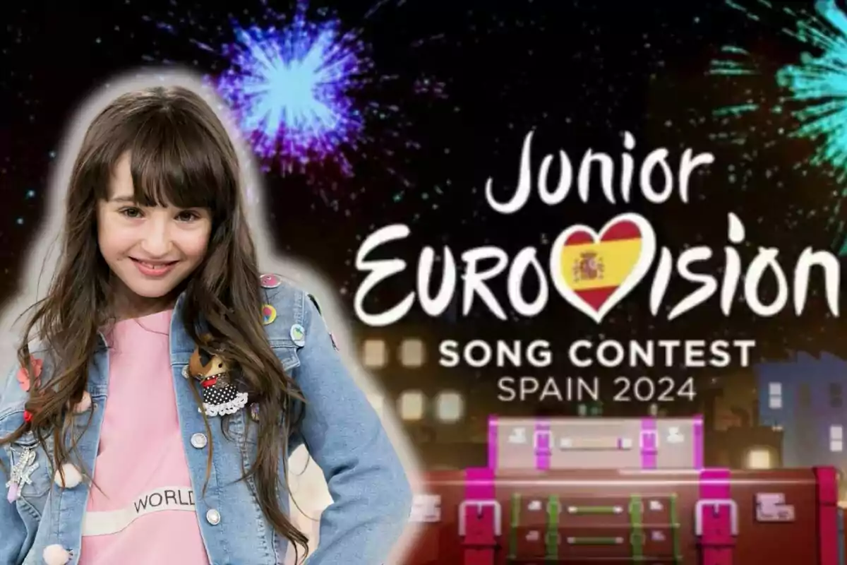 Chloe Delarosa sonriente con chaqueta de mezclilla decorada aparece junto al logo del Junior Eurovision Song Contest Spain 2024 con fuegos artificiales de fondo.