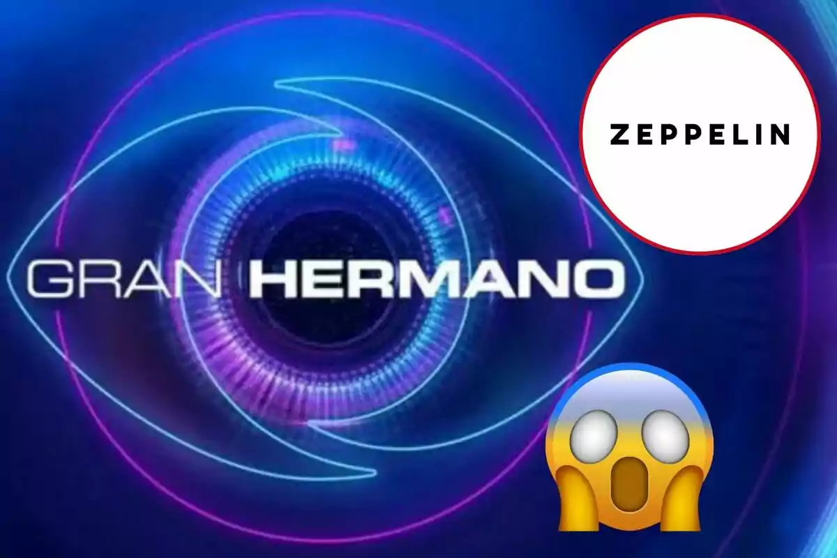 Logo del programa Gran Hermano con un diseño de ojo en tonos azules y morados, acompañado de un emoji sorprendido y el nombre Zeppelin en un círculo blanco.