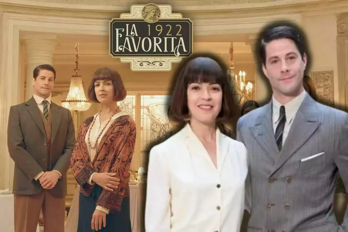 Una imagen promocional de la serie "La Favorita 1922" muestra a dos personajes vestidos con ropa de época, posando en un elegante salón con una lámpara de araña y un diseño clásico en el fondo.