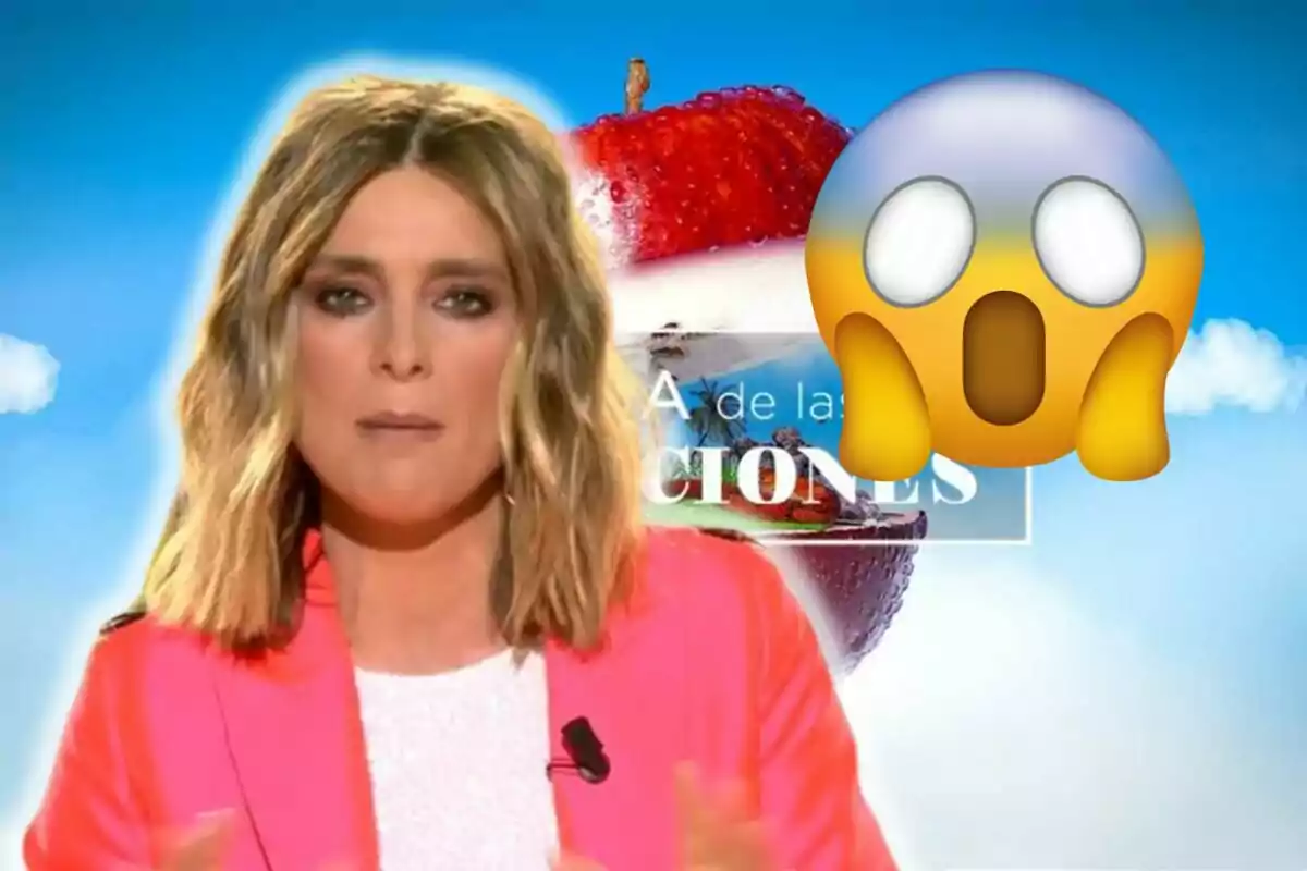 Sandra Barneda con chaqueta rosa frente a un fondo azul con una manzana y un emoji sorprendido.