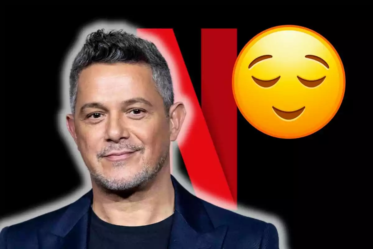 Alejandro Sanz con cabello corto y barba, con una gran letra "N" roja y un emoji de cara relajada en el fondo.