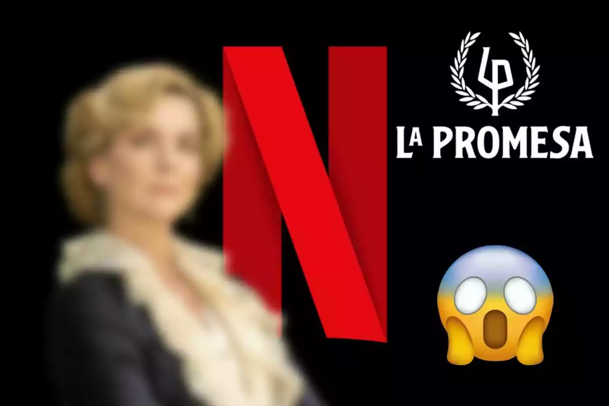 Imagen con el logo de Netflix en el centro, Eva Martín desenfocada en el fondo, el texto "La Promesa" a la derecha y un emoji de cara sorprendida.