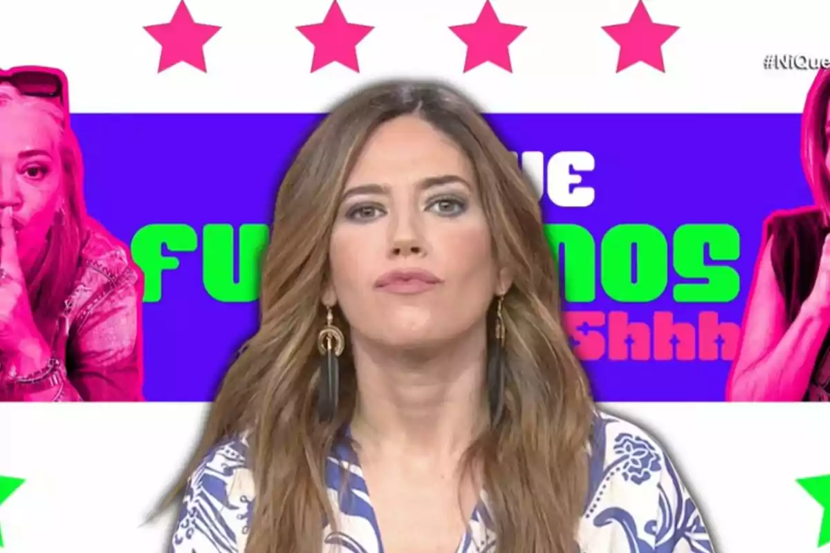 Nuria Marín con cabello largo y suelto frente a la portada de 'Ni que fuéramos'.