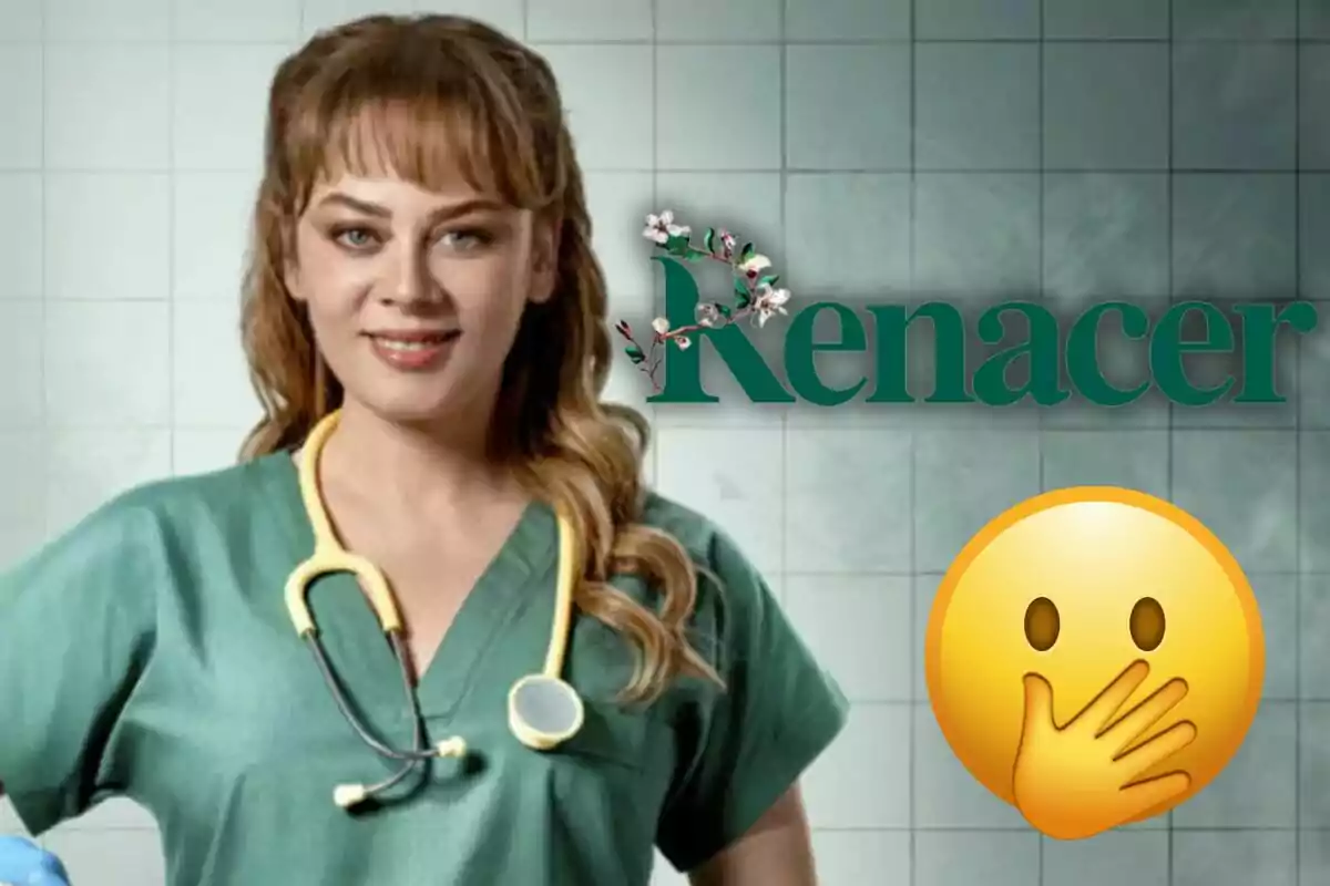 Una mujer con uniforme médico y estetoscopio sonríe frente a un fondo de azulejos verdes, junto a la palabra "Renacer" decorada con flores y un emoji de sorpresa.