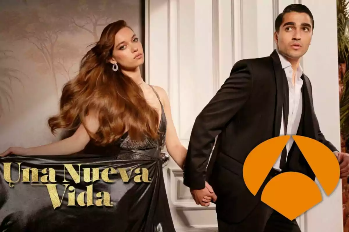 Una pareja elegante se toma de la mano frente a una puerta con el texto "Una Nueva Vida" y un logotipo naranja.