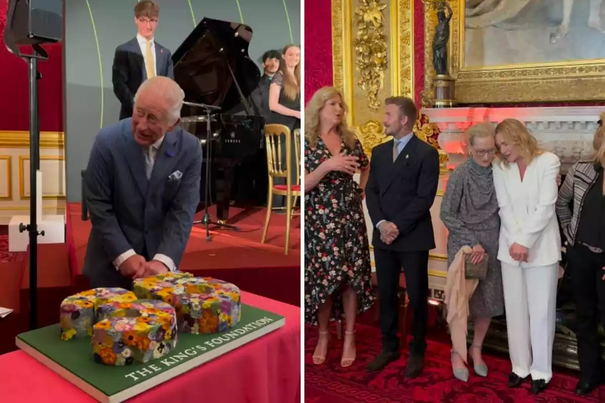 Carlos III con traje corta un pastel decorado con flores mientras varias personas lo observan y en la otra parte de la imagen un grupo de personas elegantemente vestidas conversa en una sala decorada con detalles dorados y una gran pintura al fondo Carlos III con traje corta un pastel decorado con flores mientras varias personas lo observan y en la otra parte de la imagen un grupo de personas elegantemente vestidas conversa en una sala decorada con detalles dorados y una gran pintura al fondo