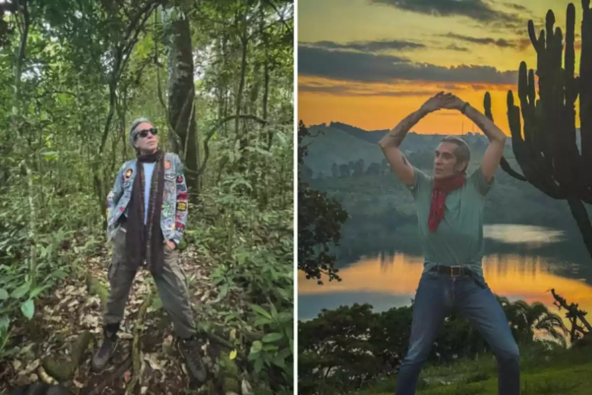 Mario Vaquerizo posando en un bosque con chaqueta de mezclilla y gafas oscuras junto a otra imagen de la misma persona haciendo una pose con los brazos levantados frente a un lago al atardecer Mario Vaquerizo posando en un bosque con chaqueta de mezclilla y gafas oscuras junto a otra imagen de la misma persona haciendo una pose con los brazos levantados frente a un lago al atardecer